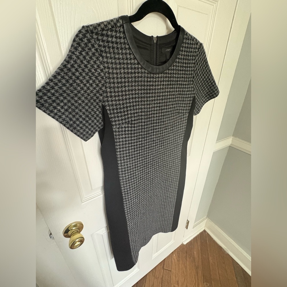 J.Crew Mixed Houndstooth Tweed & Leather Dress | Size 2 Tall | Classic Career - Picture 6 of 12
